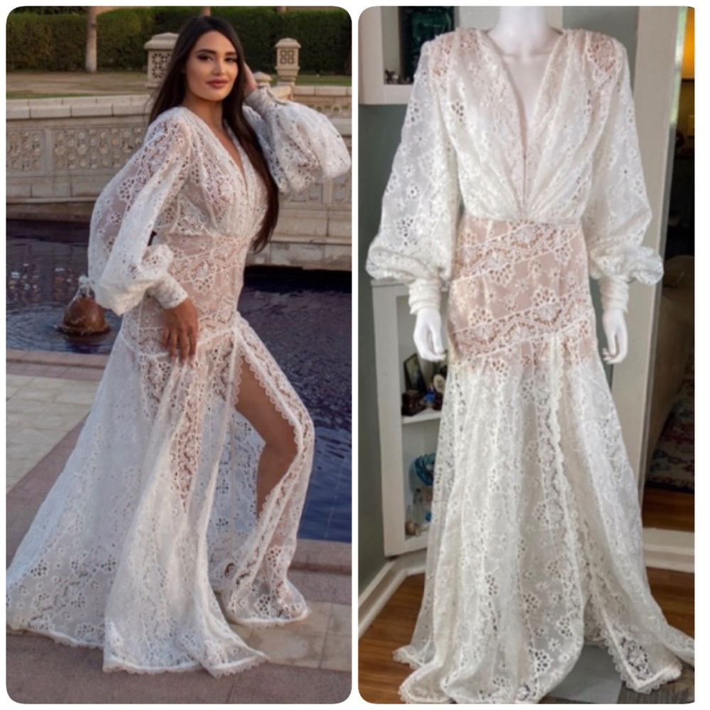 New NWT Bronx and Banco Adele Gown White Lace Maxi Dress XSmall XS Sheer Eyelet